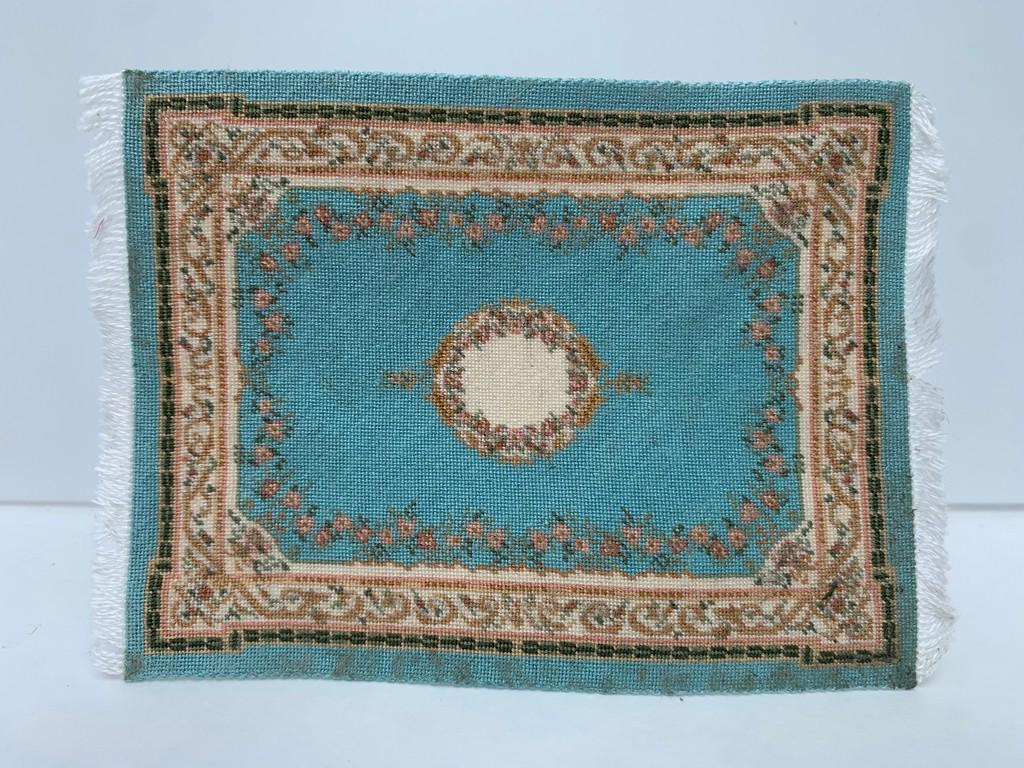 Micro Petit Point Aqua / Blue Aubusson Rug: Hand made petit point aqua blue rug with fringe. From private collection.