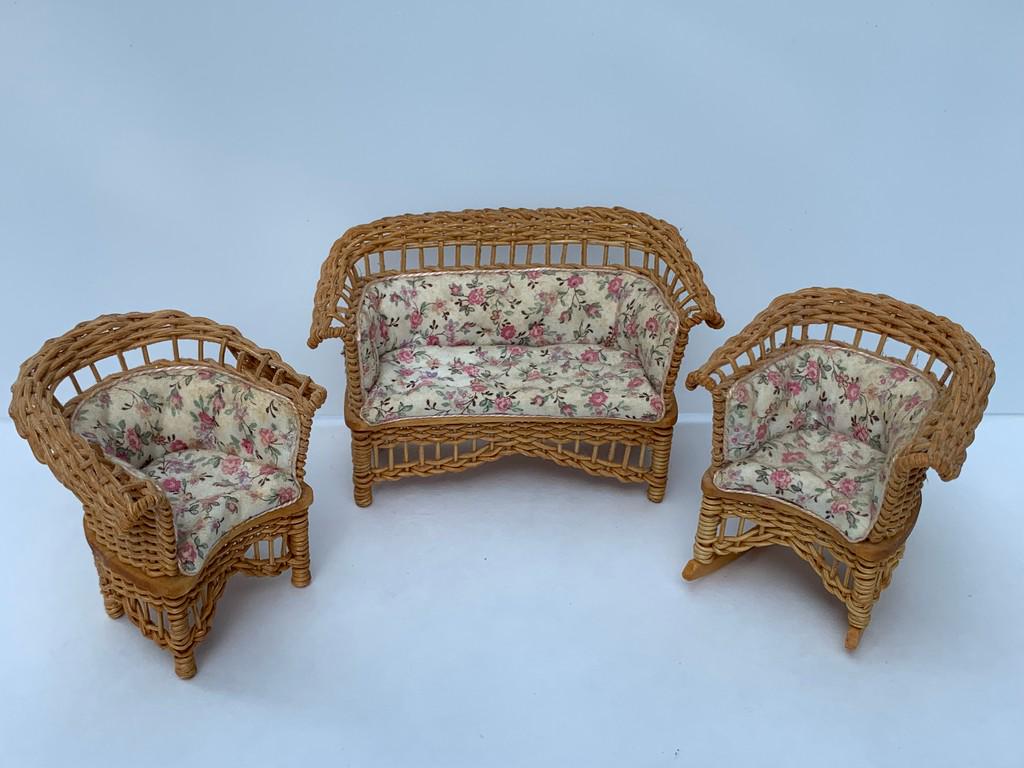 Hand Crafted 3 Piece Real Wicker Garden Set: This set is hand crafted with real wicker and hand crafted floral cushions. From a vintage estate. Sofa measurement.