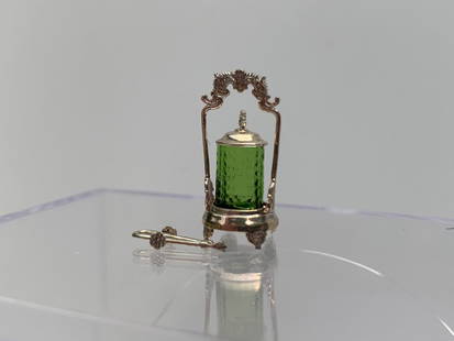 Peter Acquisto Unusual Green Pickle Jar Sterling: Sterling Silver holder with tongs and an unusual green glass with silver lid. Pete Acquisto made this piece.