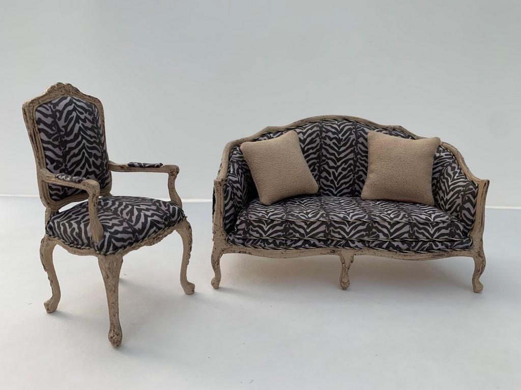 Artisan Dressed Zebra Print Sofa & Armchair Set: Animal Zebra print upholstered sofa and matching armchair set. Wooden arms and legs with Brodnax fabric upholstered by A. Fine Minatare.