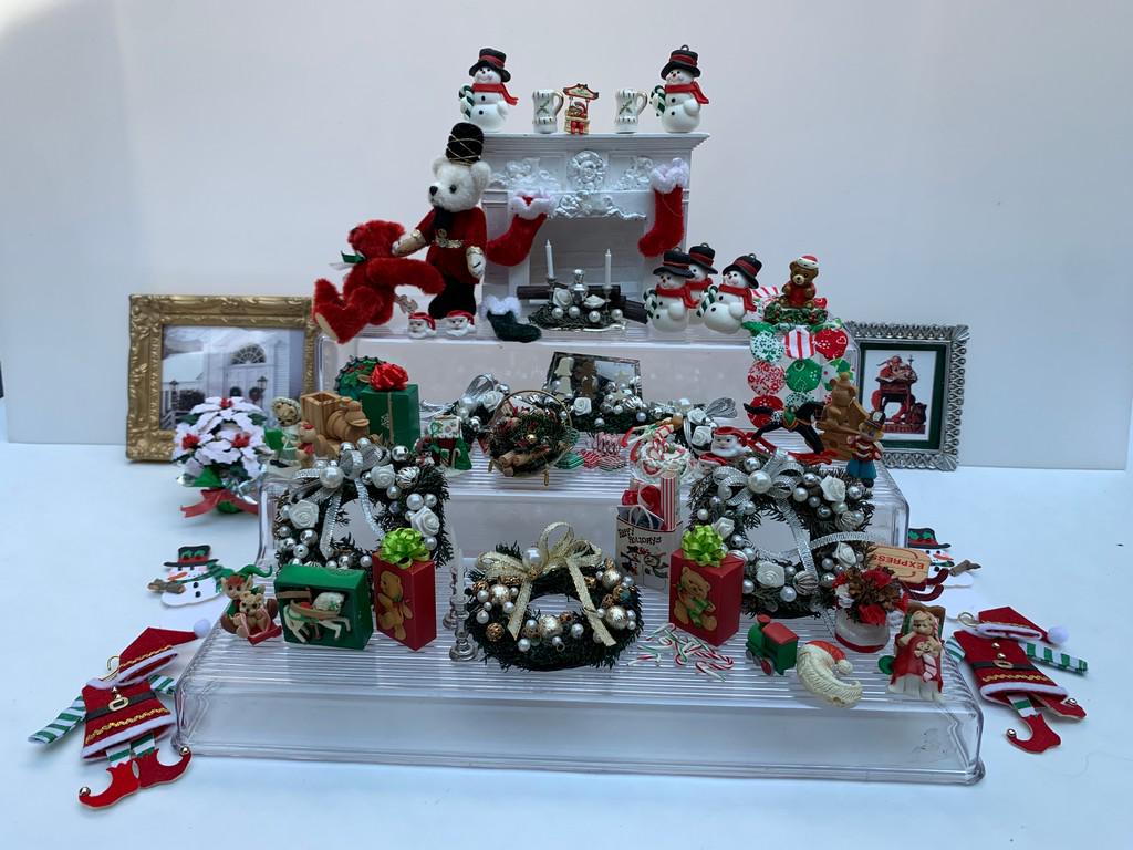 Very Large Dollhouse Christmas Lot w/ Wreaths: This is a large assortment of Christmas decorations and accessories. A nice fireplace with Santa mugs, 2 porcelain signed pitchers, a Nutcracker bear, a Red Christmas bear, wreaths, fireplace greens,