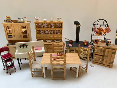 Oak Kitchen Set w/China, Bodo Hennig Stove & More: Oak kitchen set complete with full dinner service from Reutter Porcelain. There's a Bodo Hennig stove, Reutter Porcelain sink, complete oak and white dining table with four chairs, an ice box, oak hut