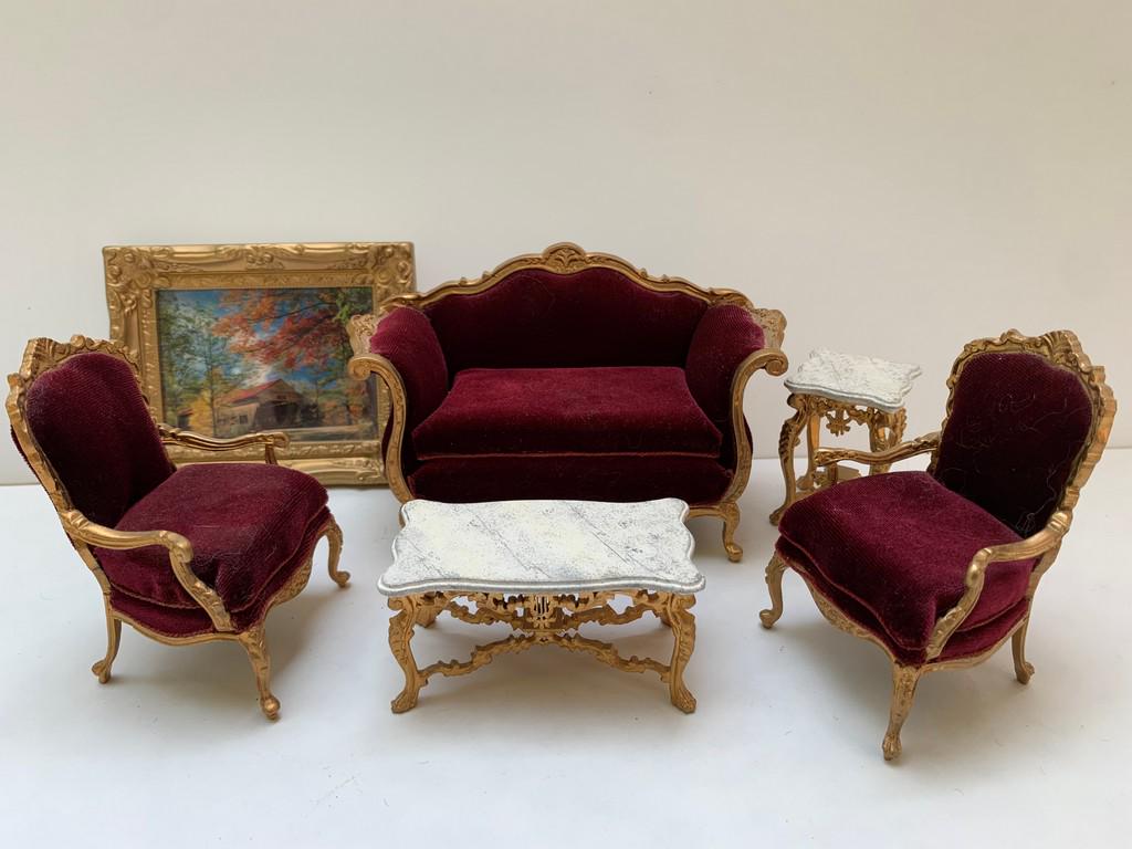 5 Pc Bespaq Settee & Chairs w/ Gilt & Marbleized: Five pieces of Bespaq furniture with a picture in a gold colored frame in this lot. The cushions are full and burgundy in color. The tables are marbleized with a gilt finish. The settee and armchairs