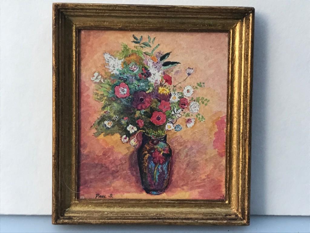 Paul Saltarelli Watercolor "Flowers in a Vase": This is a 1992 watercolor afer Odilon Redon, "Flowers In A Vase" by Paul Saltarelli. Colorful and vibrant. The wooden frame is painted with gold accents.