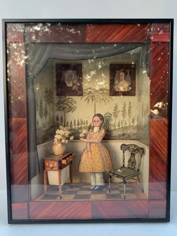 Natasha Beshenkovsky Diorama Folk Art w/Signed Magazine: This was featured in Miniature Collector Magazine. The diorama is in a frame attached. There are 2 pictures on the wall that are hand painted, as well as the Sewing table, Chair and Dummy. This is a o
