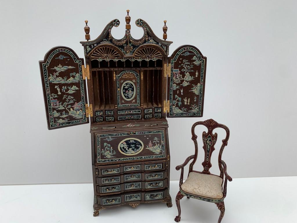 Ltd. Edition Painted Chippendale Secretary Bookcase: This is a painted Walnut Chippendale secretary with bookcase. The piece is painted with an Asian theme. There's a matching chair but in Mahogany. The piece is from Bespaq. There are a few pieces of ha