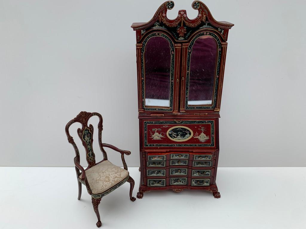 Ltd. Edition Mahogany Painted Chippendale Secretary: This is a painted Chippendale secretary with bookcase. The piece is painted with an Asian theme in Mahogany. There's a matching chair. The piece is from Bespaq. There are a few pieces of hardware miss