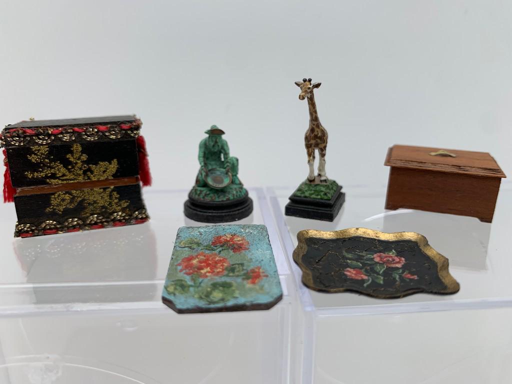 Daniel Kroneburg Lot & Dean Jenson Box w/ Trays: This is a lot variety from the pesonal estate of Bill March of Cape May Dollhouse Shop. There are 2 bronze pieces by Daniel Kroneburg, one is the giraffe and the other is the man panning for gold. The