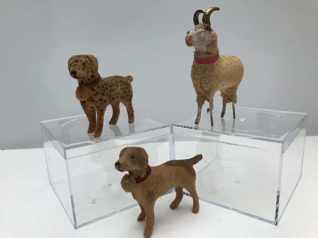 Lot of 3 Vintage German Dogs & 1 Ram w/ Fur: The ram has wooden legs, brass horns is vintage and has fur. The dogs are covered in fabric / material.