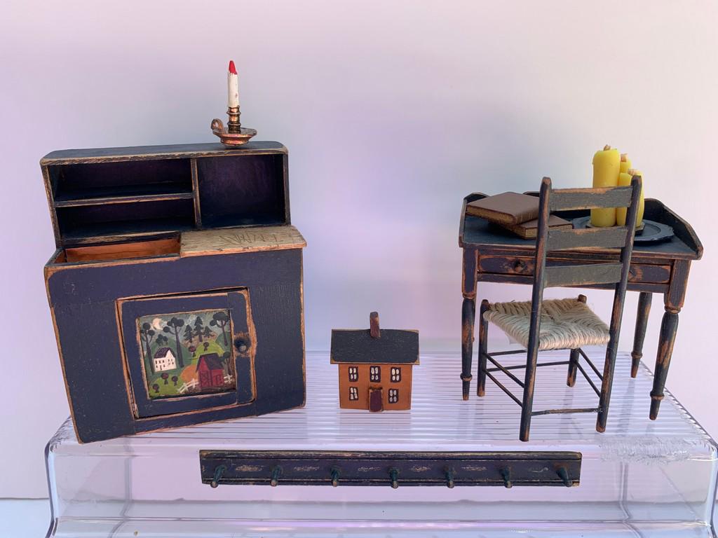 5 Pc Bearly Big Enough Blue Painted Furniture &: Bearly Big Enough made this 5 piece painted furniture set. There's a blue desk with matching chair, a wall hanging shelf with pegs, and a dry sink that is hand painted with a folk scene. The wooden ho