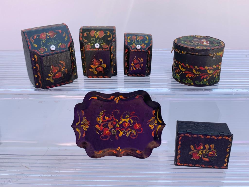 6 Pc. Hand Painted Toile Canisters & Tray Lot: Beautifully hand painted toile set. The set has a canister set that reads Coffee, Tea and Salt. There's also a round shaker box with a hand painted couple and dÃ©cor to match, as well as a try and a