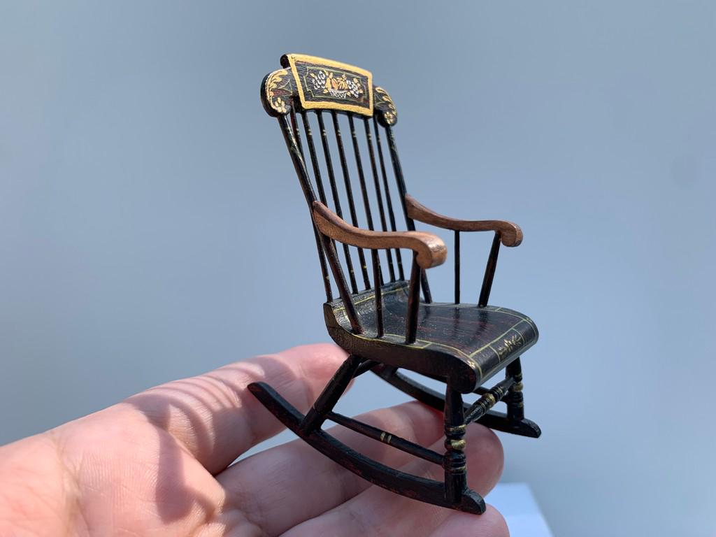 Betty Valentine Rocking Chair Painted by J Bailey: Betty Valentine made this rocking chair and you'll see the tiny signature on the bottom of the rocking chair as well as Janet Bailey's signature on the opposite side. The two women did a terrific job 