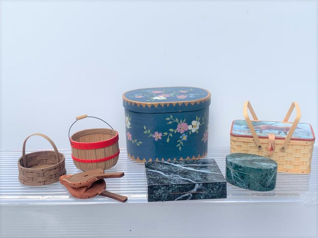 Al Chandronnait Painted Boxes & Baskets Lot: This is from Al Chandronnait's personal collection. The lot includes a basket with a Wolf on the top of the picnic basket, a hat box decorated, one rectangular box painted in a marbelized dÃ©cor, as