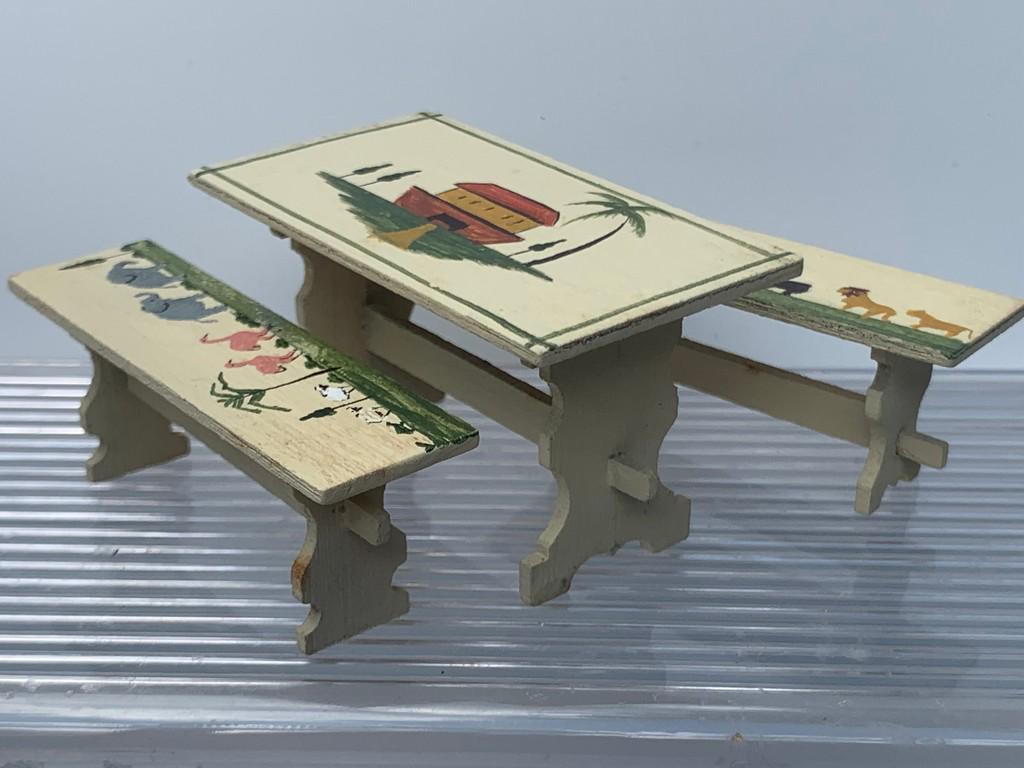 1/2" or Child's Painted Noah's Arc Table & Bench: This is a hand painted table and matching two benches. The set is all hand painted with Noah's Arc theme. The set is made of wood and is about 20 years young. Signed. Measurement for table.