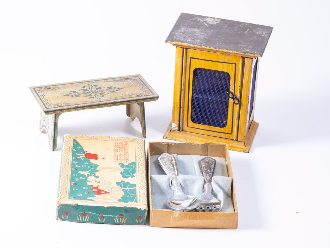 1936 Boxed Silver Fork & Spoon in Goldilocks Box, Doll Scale with Metal Bench, Antique Metal Cabinet (1 of 11)