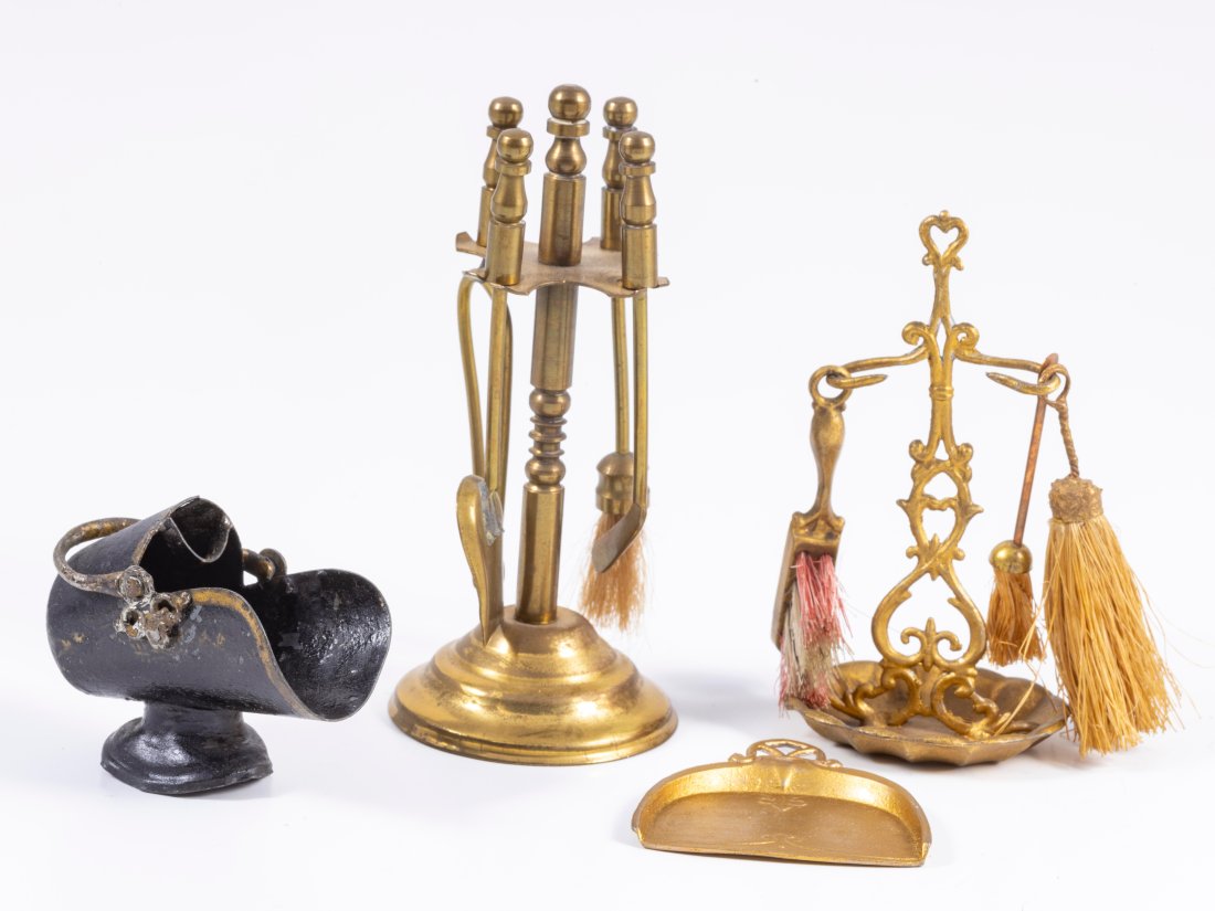 Vintage Ormolu and Brass Fire Place Andirons and Brushes, With Black Metal Scuttle (1 of 12)