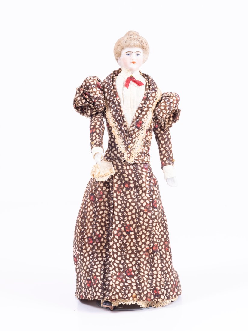 Antique German Bisque Victorian Lady Doll in Full Length Brown and White Dress (1 of 7)