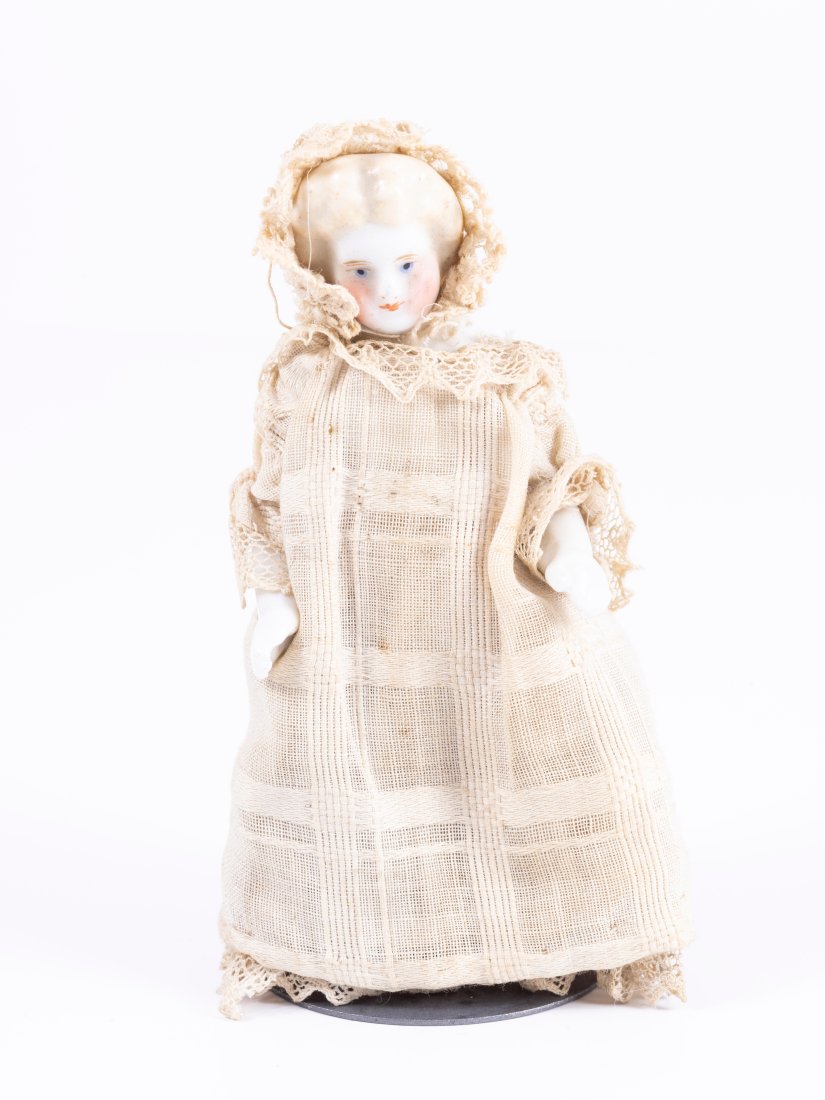 Antique German Bisque Doll - Young Girl Doll Dressed In White Ecru Dress (1 of 8)