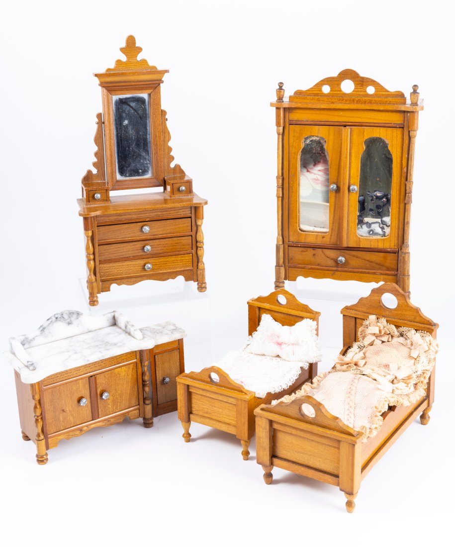 Schneegas Antique Bedroom Set with 6 Pieces - Marble Top Dresser: 6 Matching pieces including a single bed and a child's bed, along with a dresser and tall mirror, a large armoire, a marble top table and a smaller side table or night stand with matching marble top.