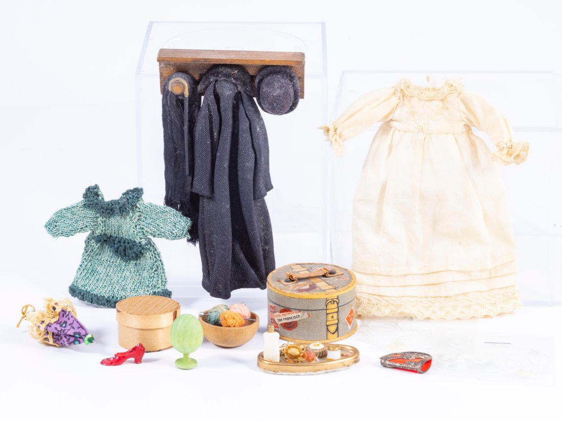 Ladies Assortment Clothing and Accessories - 13 Pcs Dollhouse Scale: Vintage collection of ladies' items. Items include old fashioned white night dress, a coat rack with 3 black coats hanging, a parasol, 2 hatboxes, a purse, a ladies's make up tray, a bowl with balls o