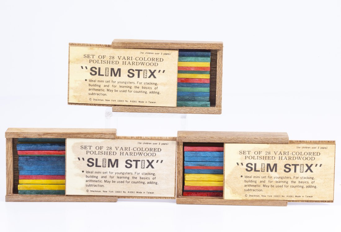 Slim Stix Boxed Set of 3: Boxed set of 28 vari-colored polished hardwood. Good for building and learning, vintage. 3 1/2" x 7/8" x 2 1/4"