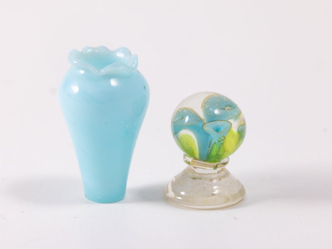Francis Whittemore Footed Paperweight with Flower & Blue Glass Vase (1 of 4)