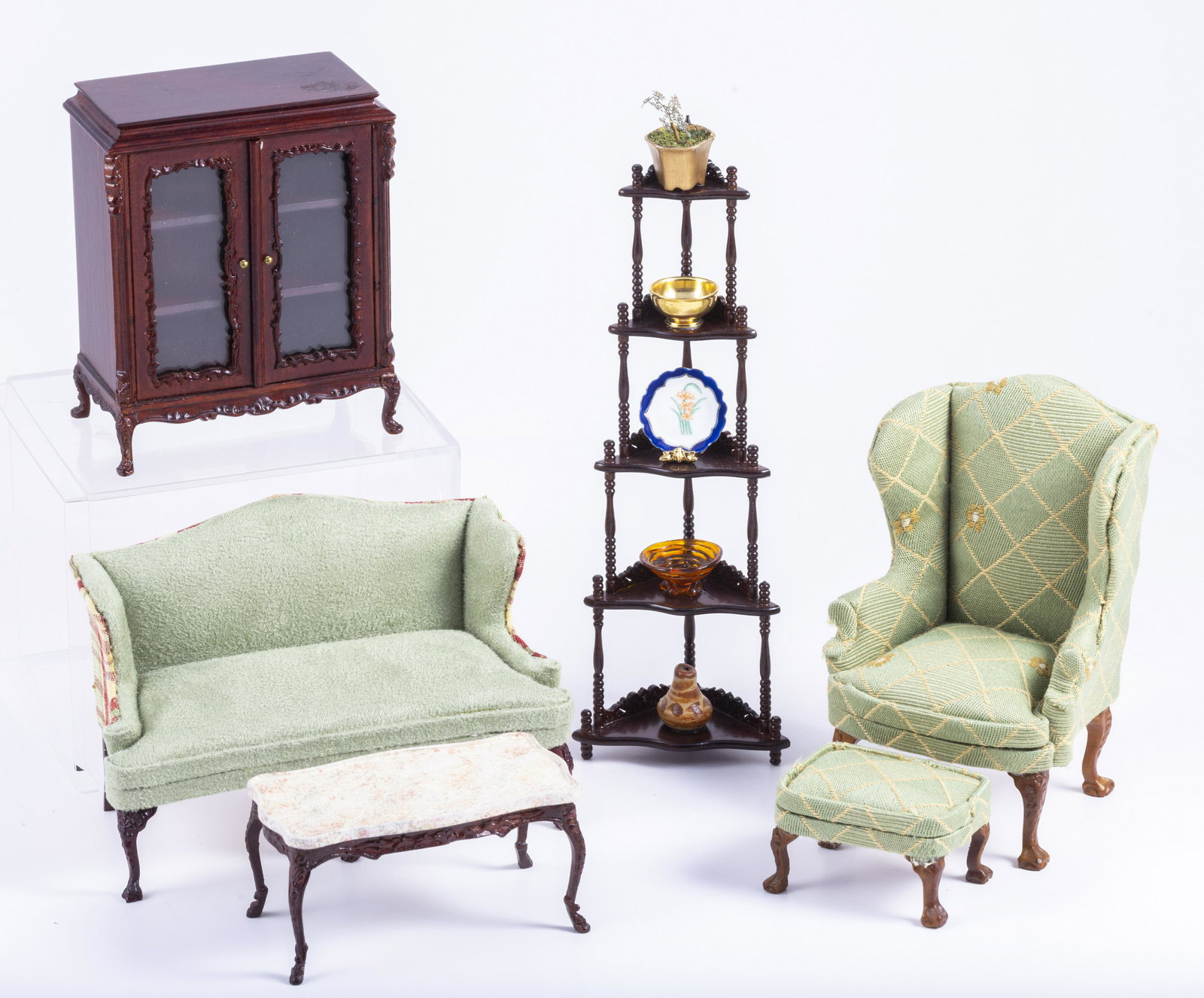 Living Room Sofa with Green Check, Etagere & Matching Wing Chair & Ottoman (1 of 13)