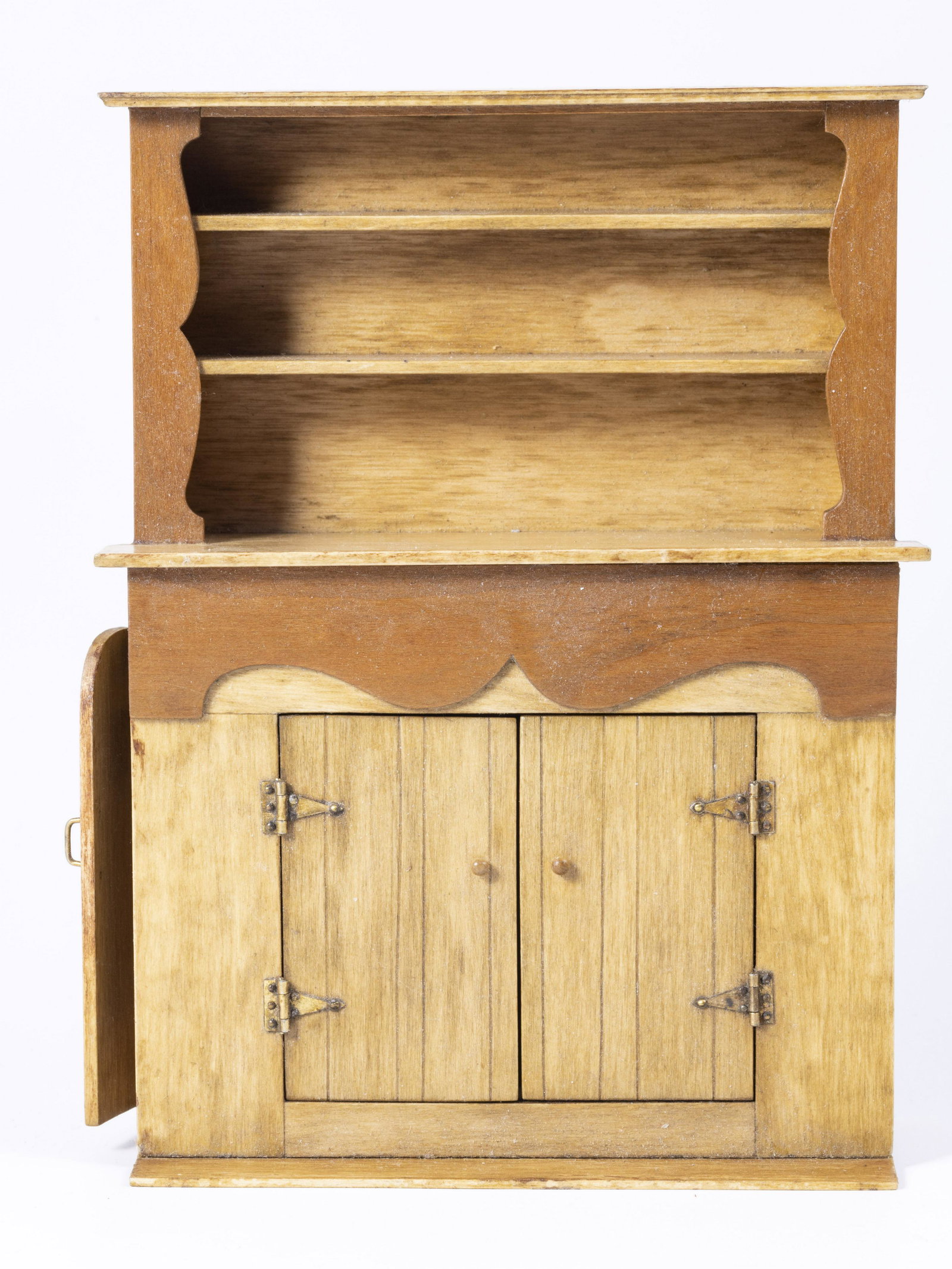 Handmade Wooden Cabinet with Fireplace Backing & Door with Logs, Unique: This is a handmade and unique piece. The workmanship is terrific. The cabinet is wooden, and has shelving. Inside the bottom door has a fireplace backing in brick. The side door is curved, and there a