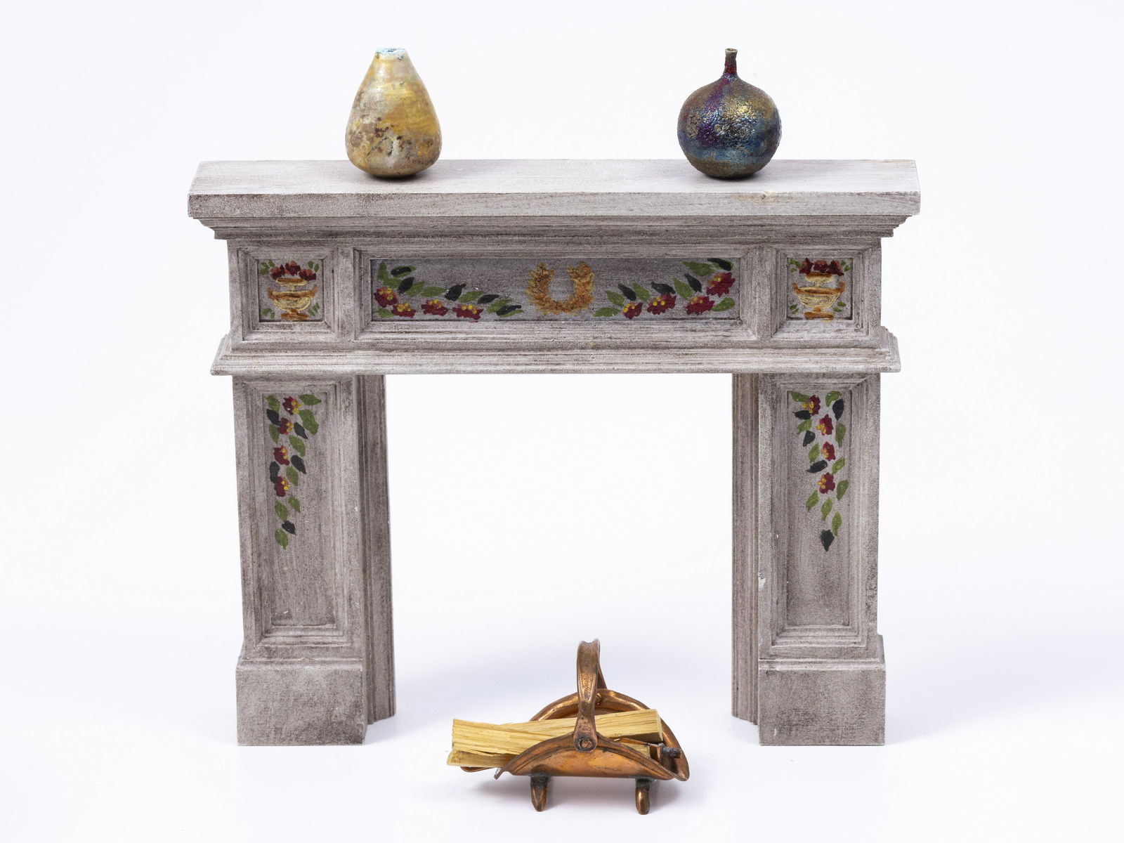Jim Coates Hand Painted Fireplace w/ 2 Artisan Made Vases & Copper Log Holder (1 of 9)