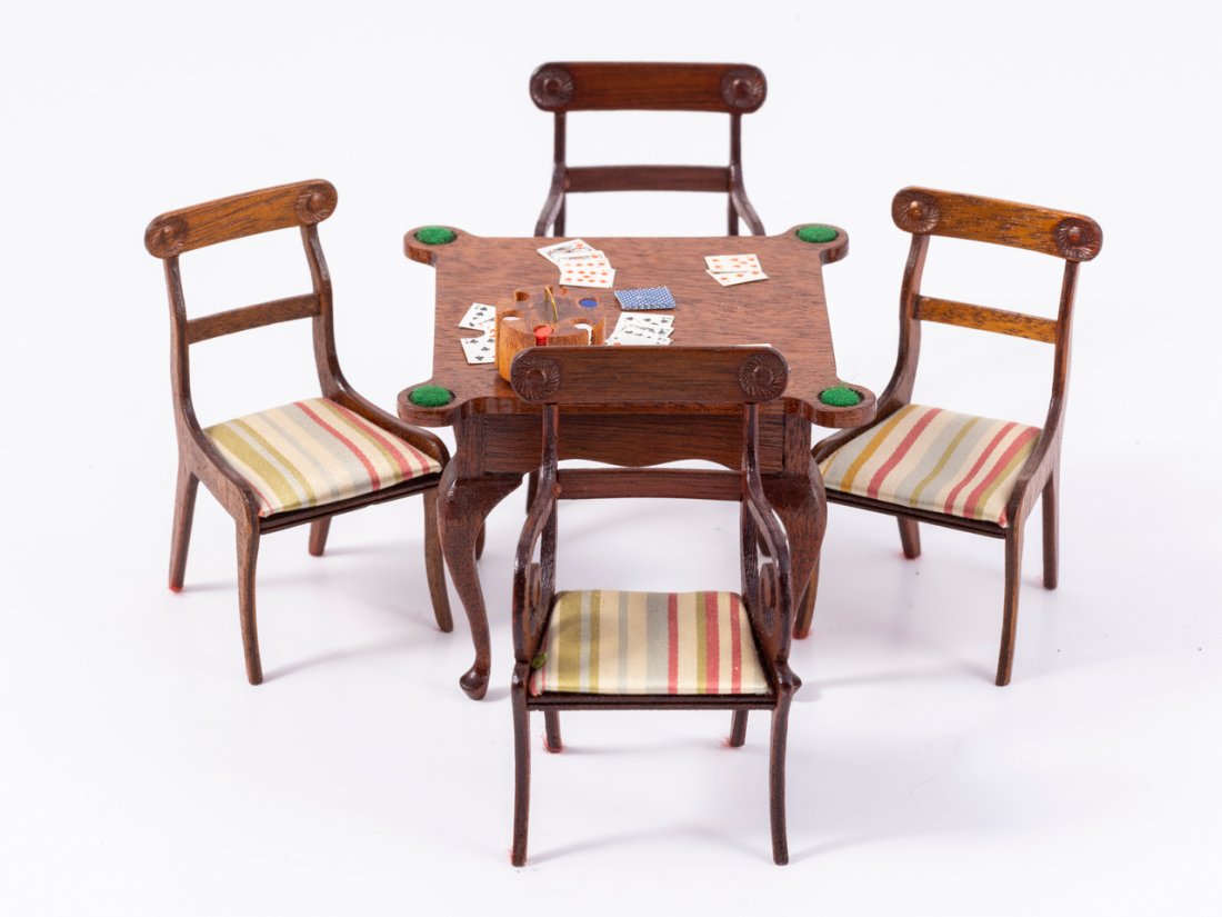 WOODEN CARD TABLE WITH CARD GAME AND 4 CHESTNUT HILL STUDIO WOODEN CHAIRS WITH STRIPED FABRIC (1 of 11)