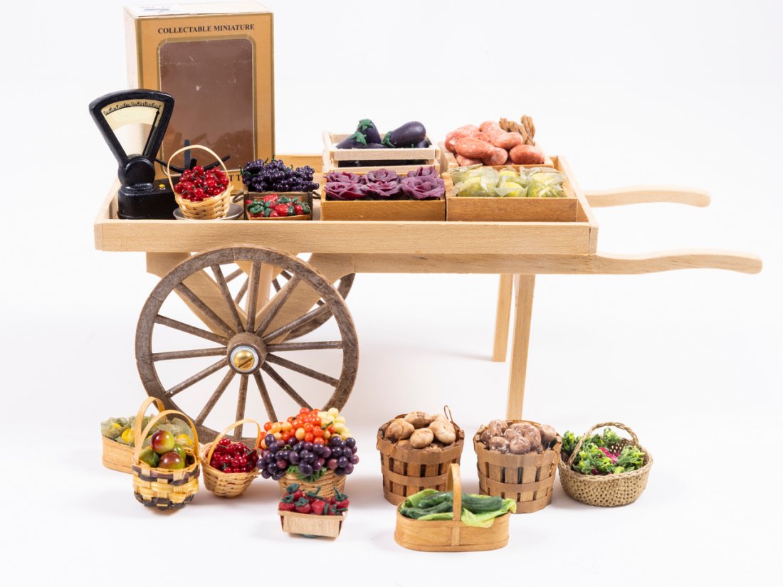 Handmade Wooden Vegetable Cart loaded with handmade fruits and vegetables, with Heidi Ott Scale (1 of 9)