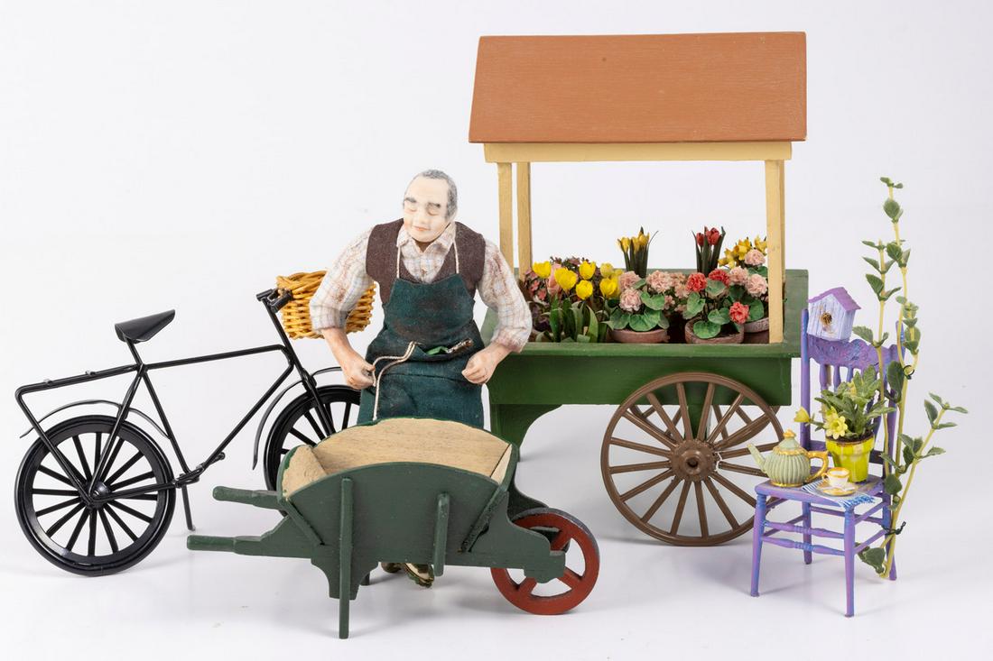 Handmade Wooden Flower Cart with Porcelain Gardener Man Doll (1 of 9)