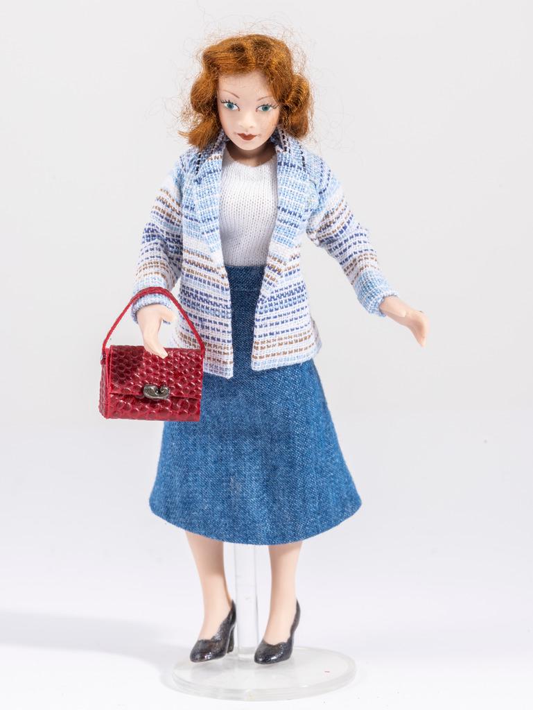 Handmade Porcelain woman doll with Modern Clothing: Handmade porcelain woman doll with auburn hair, blue skirt, striped sweater, red handbag. Modern doll. Stand not included.