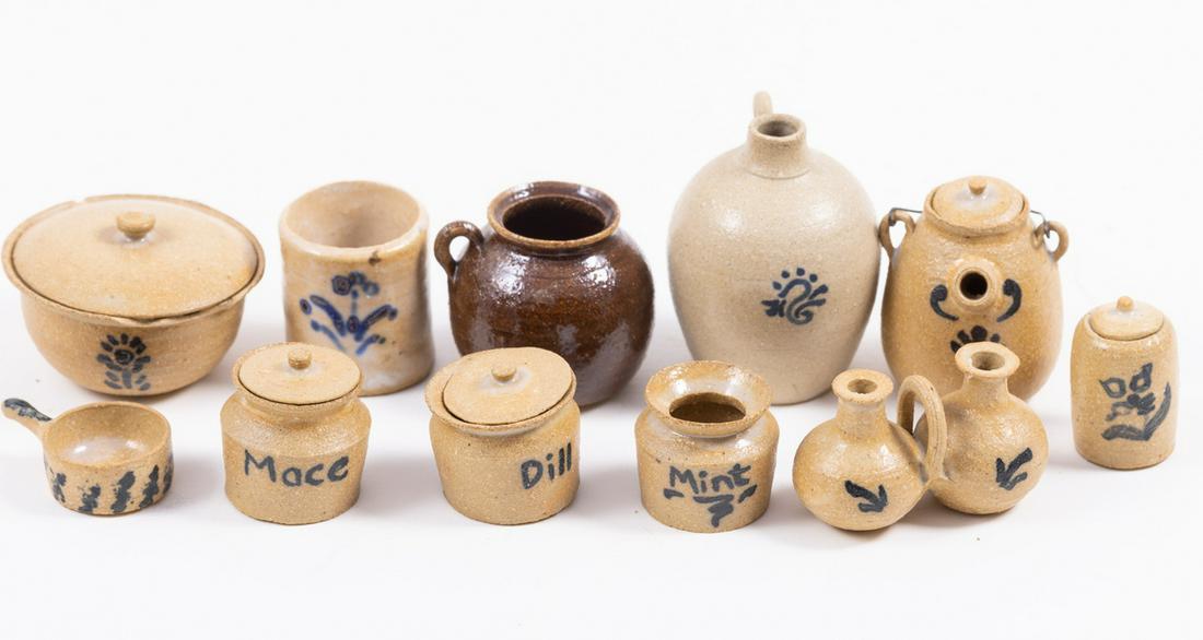 Phylis Howard Butt Hinge Pottery Assortment: A nice variety of stoneware pottery from Phylis Howard of Butt Hinge Pottery. Vintage pottery with a bowl with handle, brown jug, round dish with lid, jars, bowl, batter jug, wine jug, canister and mo