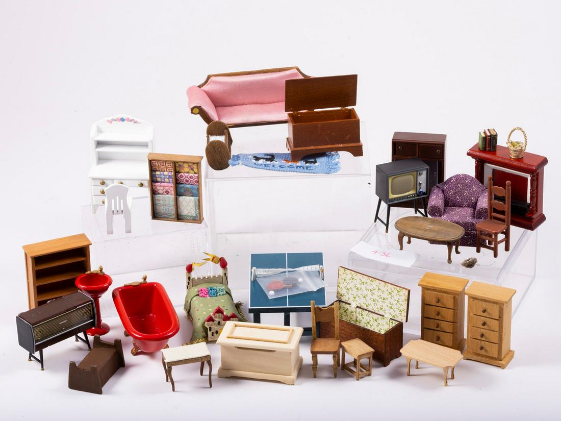 1/2" - Half Inch Variety of Furniture: Large variety of handmade furniture including a sofa, bath tub, sink, cabinet, shelfving, trunks, fireplace, tv and more. Some are hand crafted.