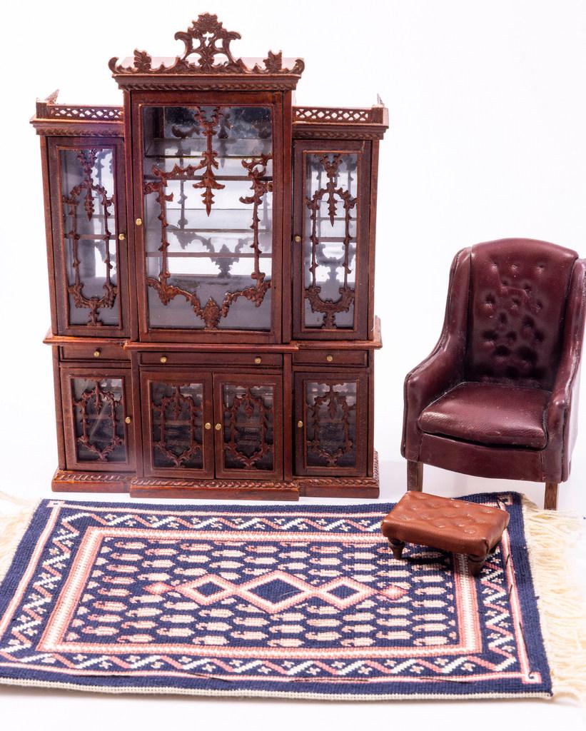 Large Mahogany Mirrored Cabinet w/ Leather Chair & Needlepoint Rug (1 of 7)
