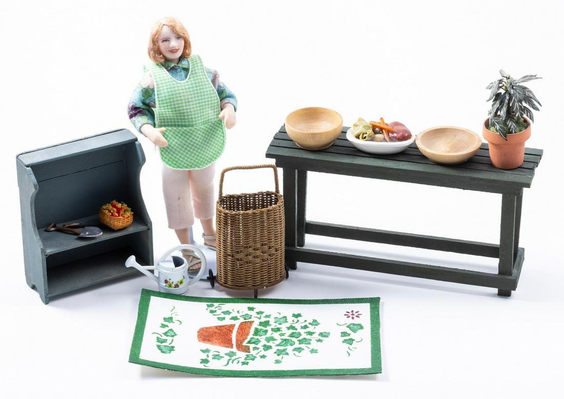 Porcelain Woman Doll & Wicker Shoping Cart (1 of 9)