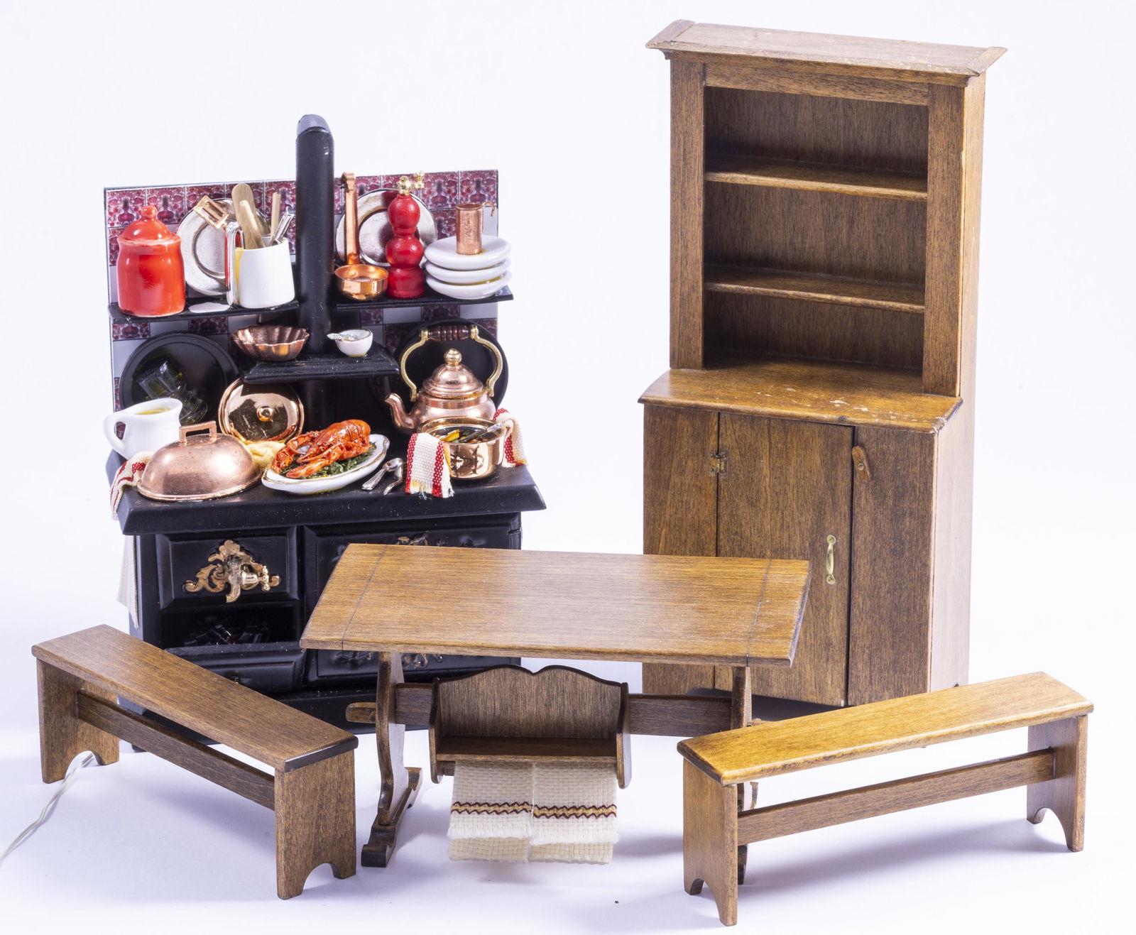 Decorated Black Stove with Barbara Hill Wooden Table & Bench Set with Hutch (1 of 9)
