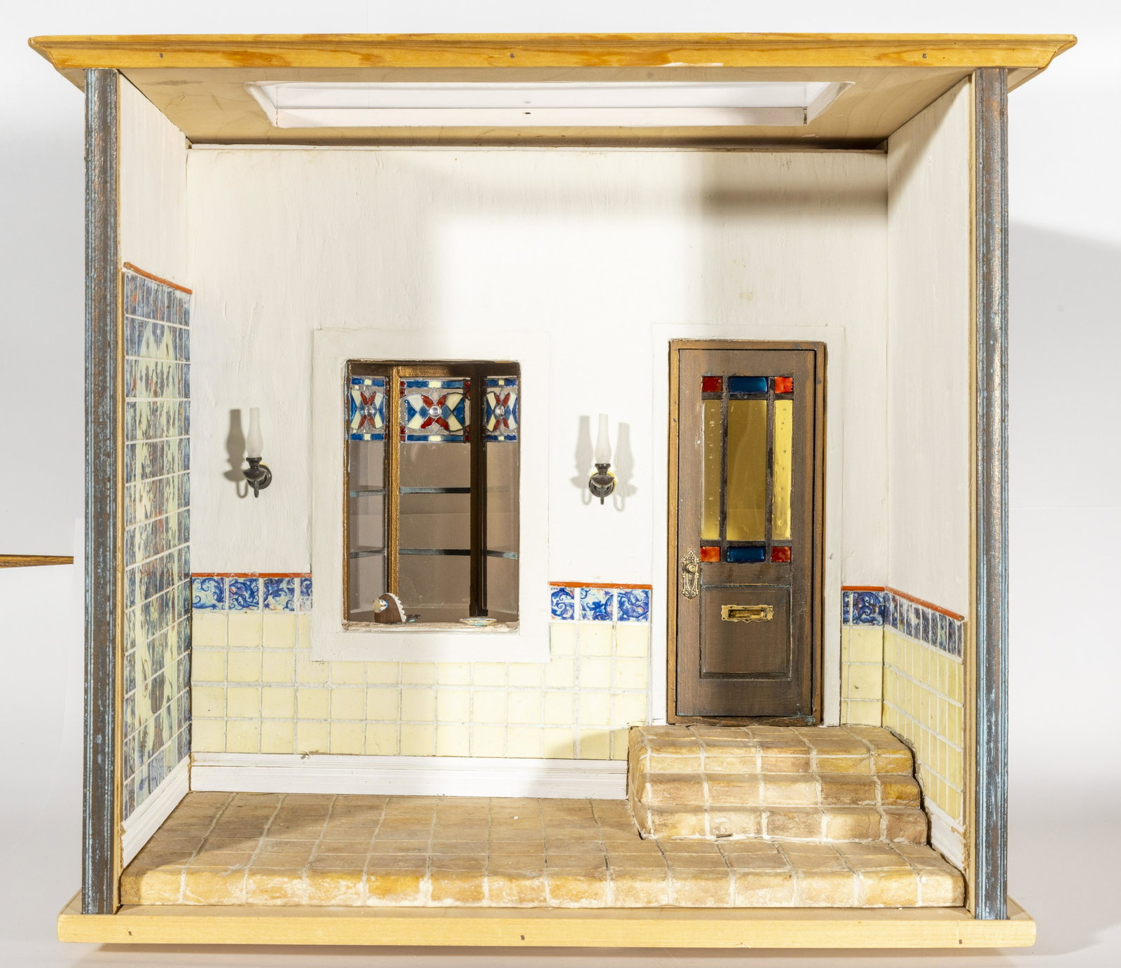 Rustic Open Roombox with Steps and Tile: Open roombox with wooden door and bay window. Tile inside the roombox and faux stained glass. Molly made this in a class. Lighting may not be working.