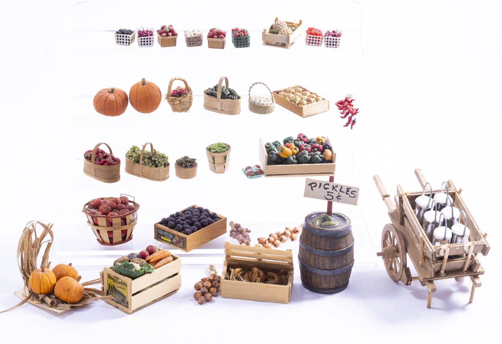 Crates, Baskets of Vegetables, Milk Cart, Pickles & More: Milk cart, pumpkins, pickles, chili peppers, potatoes, grapes, veggies and more in this assortment of road stand items and old fashioned ones. Some are signed.