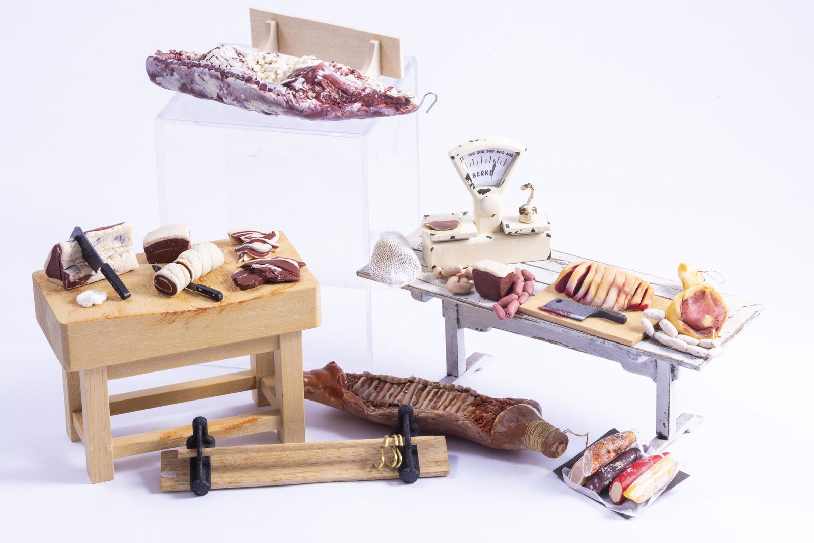 Big Variety of Butcher's Meats on Block with Knives, Scale, Table & More (1 of 10)