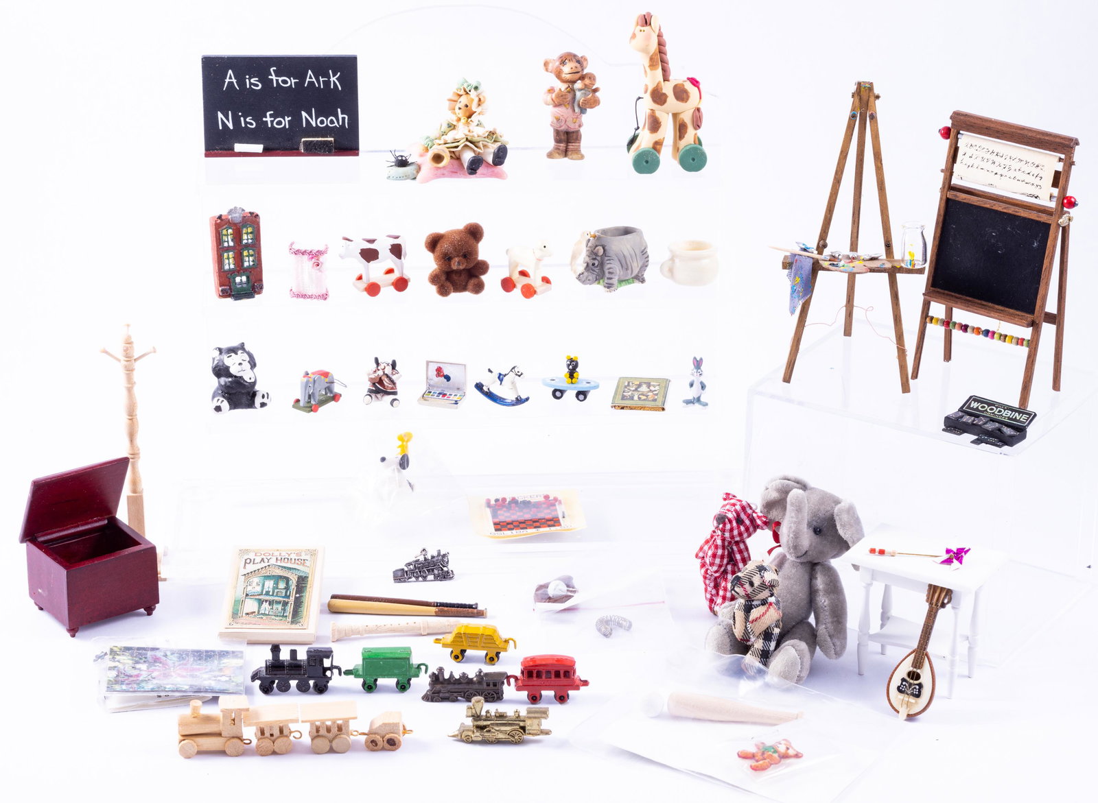 Children's Toys Variety Lot with Handmade Toys Including Little Miss Muffet: So adorable Little Miss Muffet hand sculpted of clay. She's sitting next to a spider of course! Signed and dated LLA, 1999. Artist chalk board with beads, giraffe, snoopy and Woodstock, baseball and b