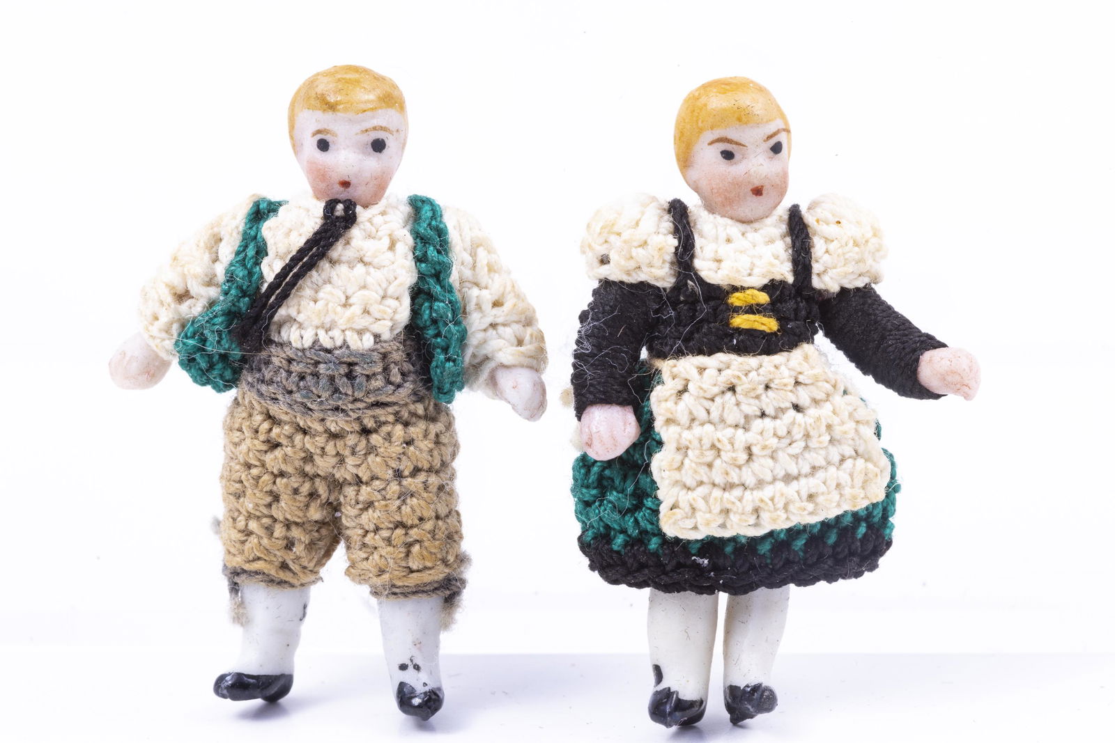 Tiny Pair of Porcelain Dolls with Hand Crocheted Outfits (1 of 5)