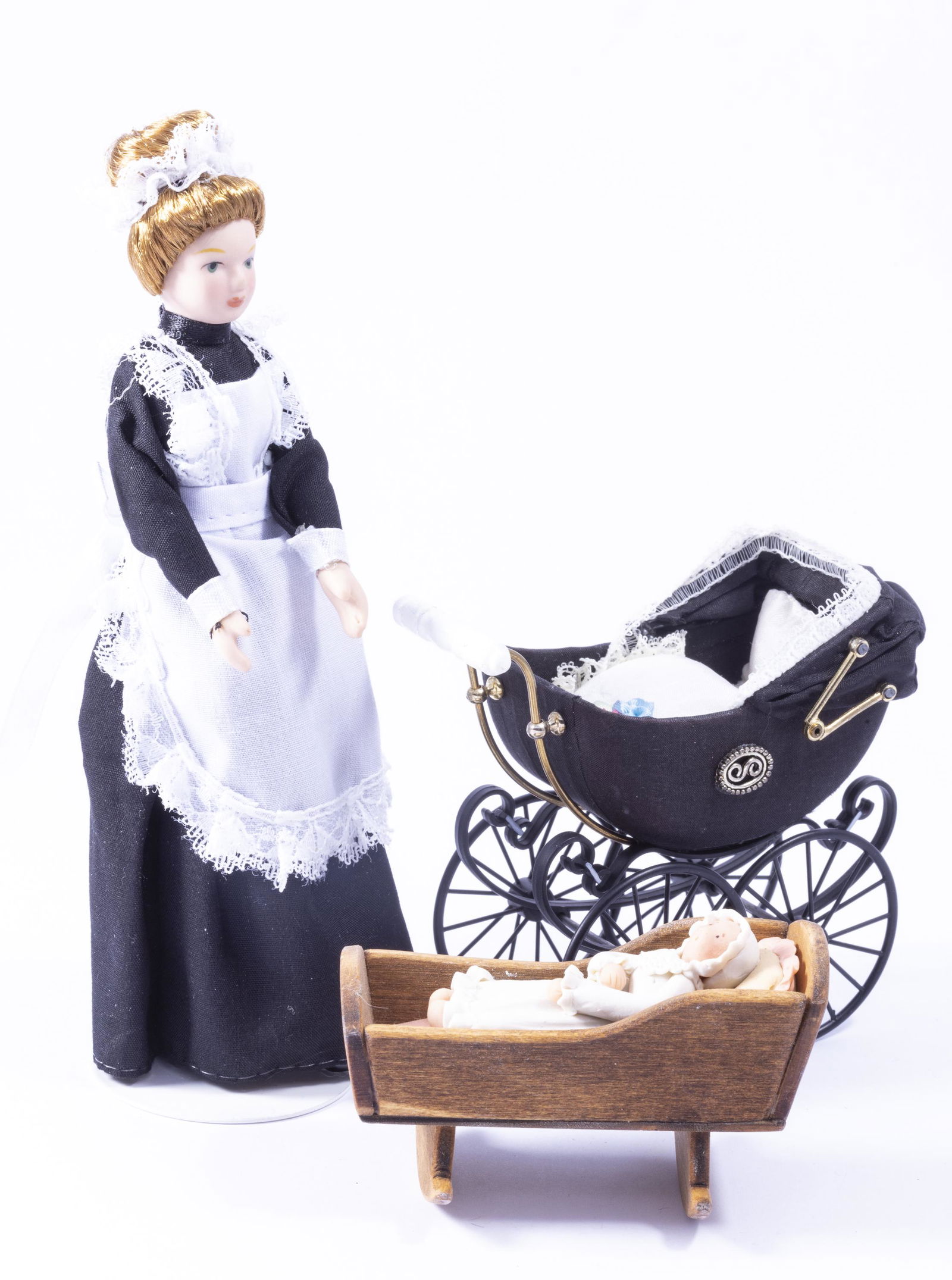 Nanny Porcelain Doll with Heidi Ott Black Pram & Cradle with Baby (1 of 9)