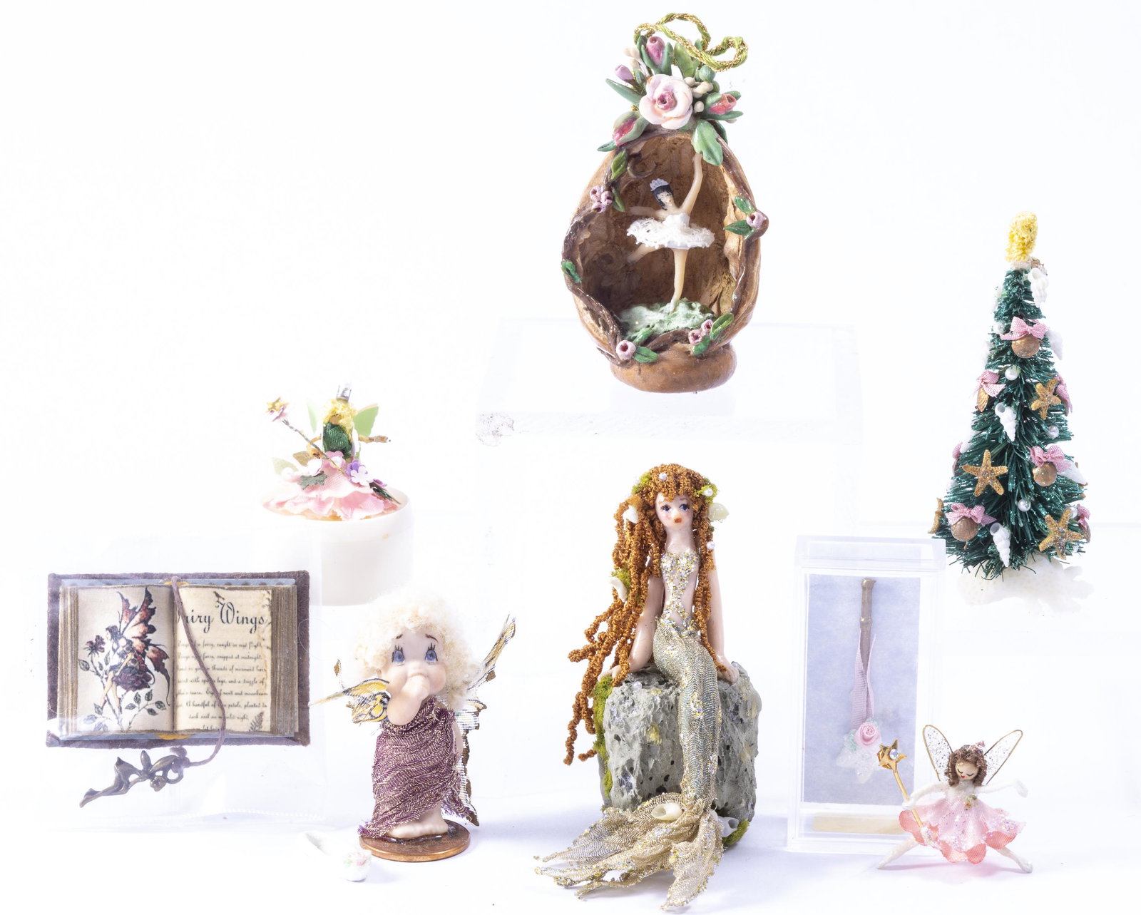 Mermaid, Fairy and Magical Little Sweet Assortment: So sweet and adorable with the little fairy with her wand, another fairy with a long wand in a box, walnut with ballerina, tree with tiny seashells and starfish with a little sculped mermaid, a bab fa