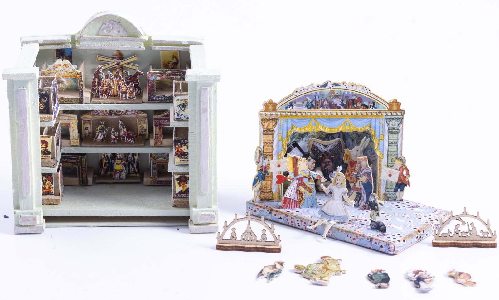 Decorated Toy Shop & Alice in Wonderland Theater: Alice in Wonderland theater with extra figures, as well as a handmade and decorated toy shop display. Handmade.