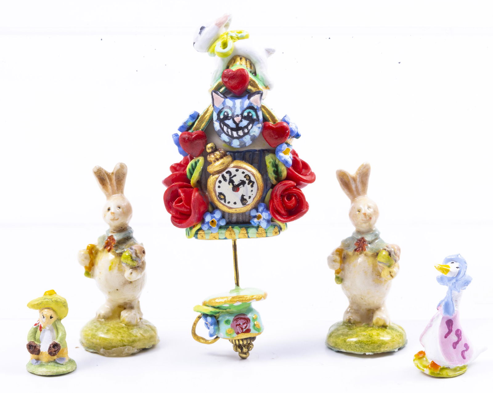 Cheshire Cat Clock & Bunnies with Jemima Puddle Duck & Mouse - Handmade Sculpted (1 of 9)