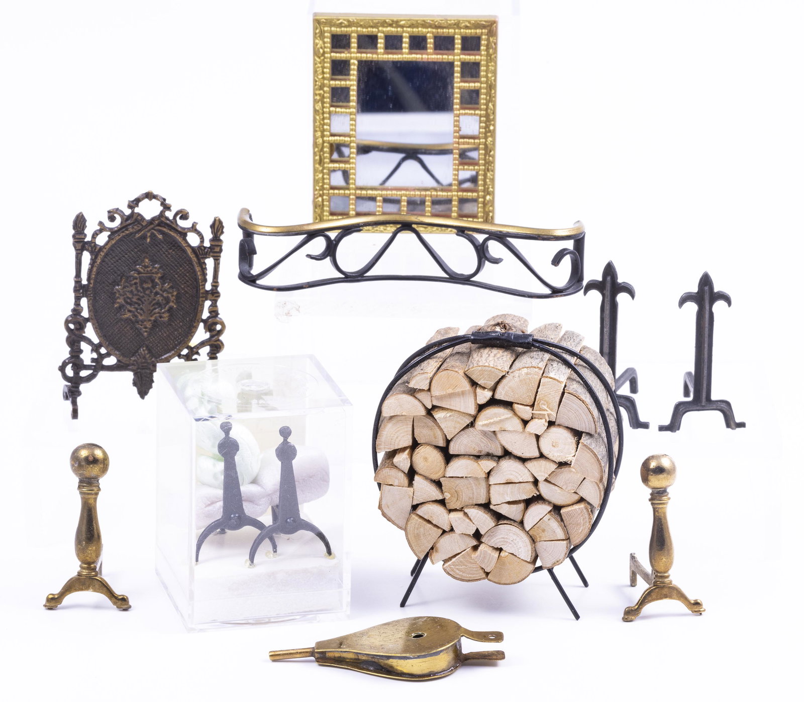 Fireplace Andirons, Bellows, Screen & Wood Stack Assortment (1 of 7)