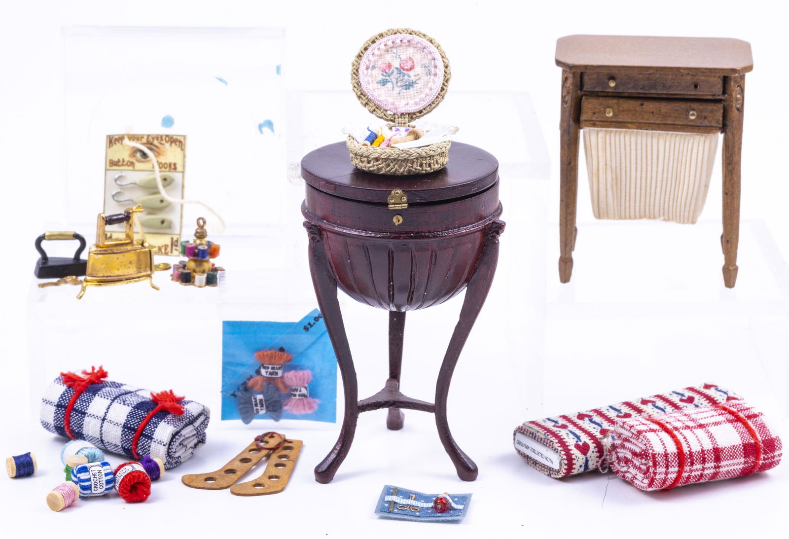 Mahogany Round Sewing Table & Square Table with Sewing Notions (1 of 9)