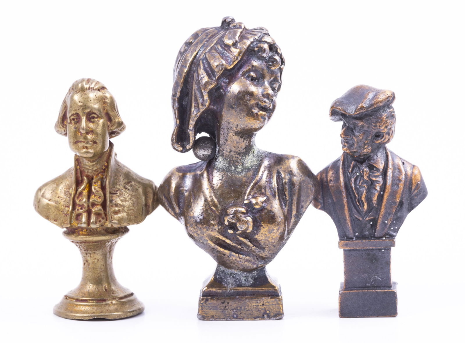 Trio of Metal Busts - Pewter: Large pewter busts, all nicely made and heavy. There's some weight to these busts. One woman and two men.